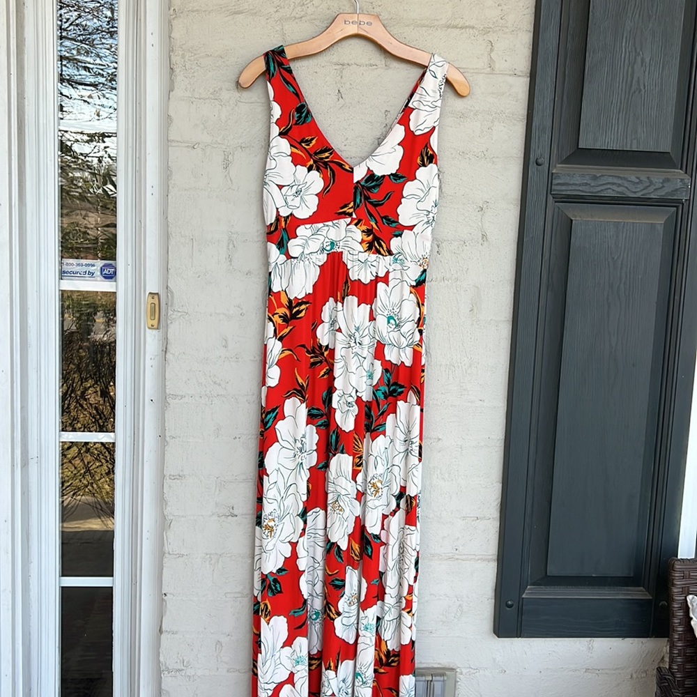 C&C California Red Floral Maxi Dress with White Flowers
